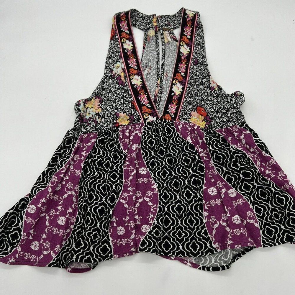 Free People Dream Darlin Deep V-Neck Black White Purple Tank Size XS